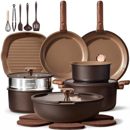 Carote 24pc Detachable Cookware Set, Chocolate, Ceramic Nonstick, Die-Cast Aluminum