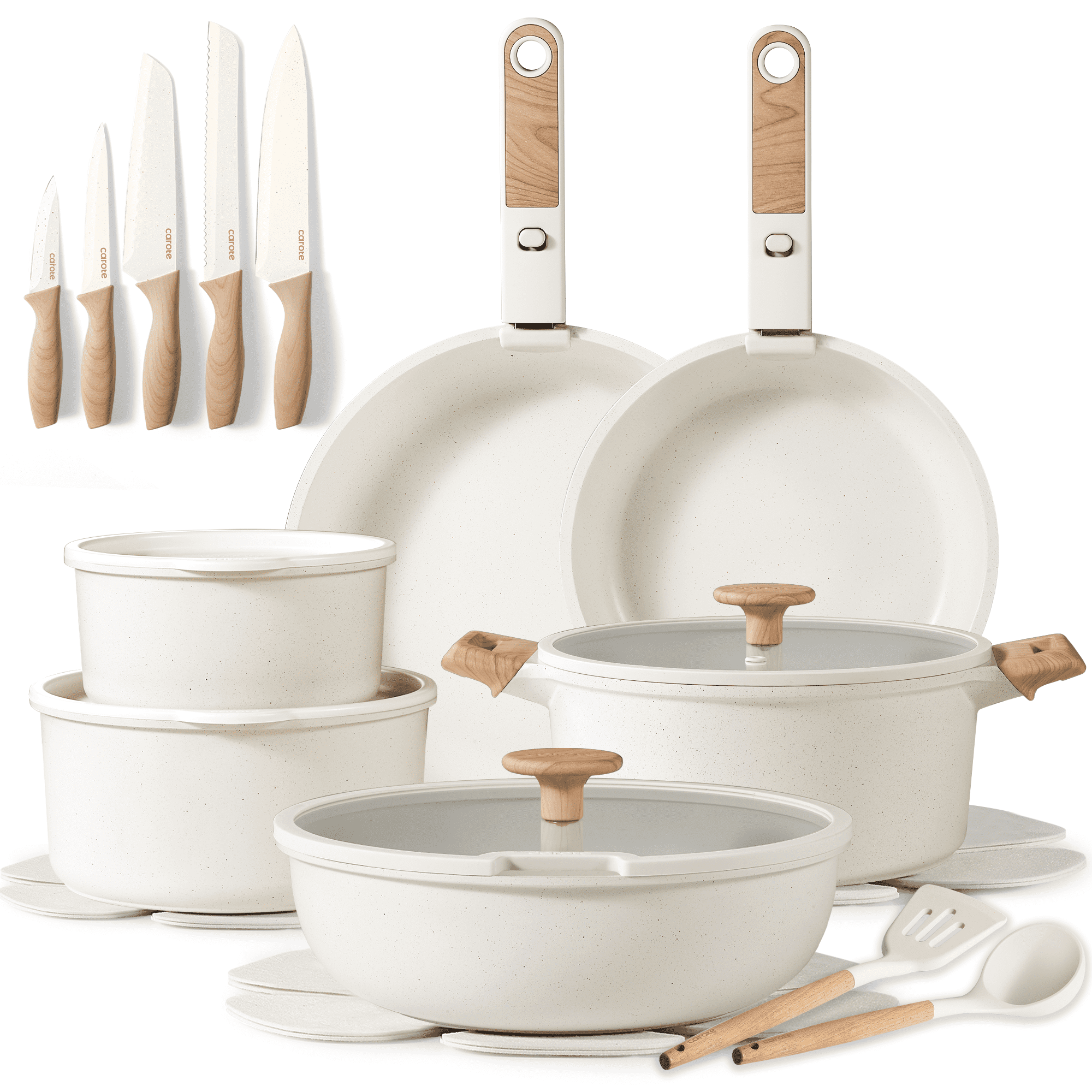Carote 15 Pcs Nonstick Cookware Sets, Granite Non Stick Pots and Pans with Removable Handles, Oven Safe, Induction Compatible, Cream White