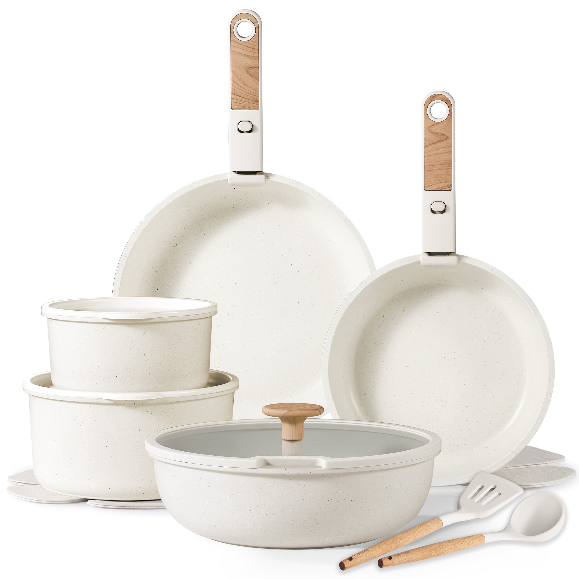 Carote 15 Pcs Nonstick Cookware Sets, Granite Non Stick Pots and Pans with Removable Handle with Knife Set, Cream White