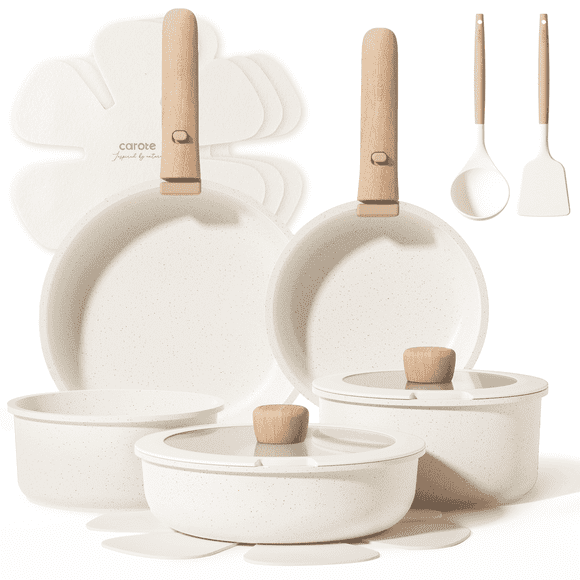 Carote 15 Pcs Nonstick Cookware Sets, Granite Non Stick Pots and Pans with Removable Handles, Oven Safe, Induction Compatible, Cream White