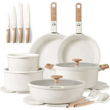 Carote 24 Pcs Nonstick Cookware Sets, Granite Non Stick Pots and Pans with Removable Handle with Knife Set, Cream White