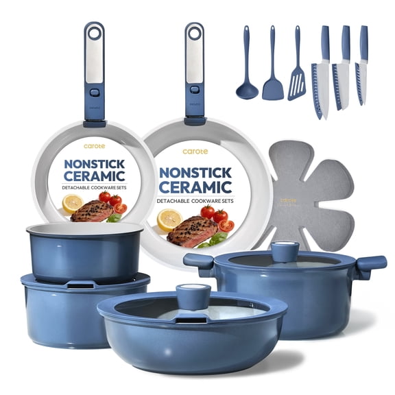 Carote 25 Pcs Nonstick Cookware Sets, Pots and Pans Set with Detachable Handles, Oven Safe, Induction Cookware, Stackable Kitchen Cooking Set, Blue