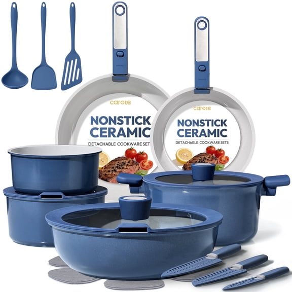 CAROTE 25 Pcs Ceramic Nonstick Cookware Sets, Pots and Pans Set with Detachable Handles, Oven Safe, Induction Cookware, Stackable Kitchen Cooking Set, Blue