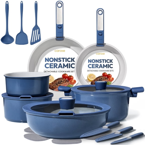CAROTE 25 Pcs Nonstick Cookware Sets, Pots and Pans Set with Detachable Handles, Oven Safe, Induction Cookware, Stackable Kitchen Cooking Set, Blue