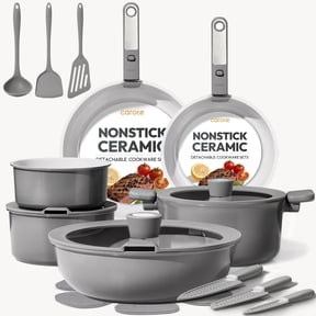CAROTE 25 Pcs Ceramic Nonstick Cookware Sets, Pots and Pans Set with Detachable Handles, Oven Safe, Induction Cookware, Stackable Kitchen Cooking Set, Gray