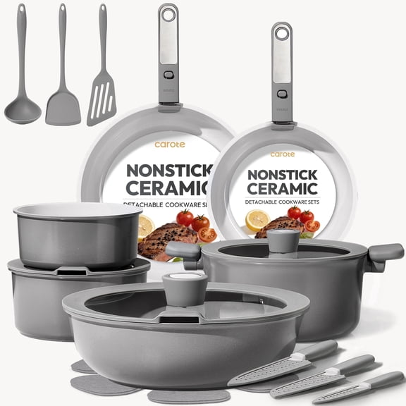 CAROTE 25 Pcs Ceramic Nonstick Cookware Sets, Pots and Pans Set with Detachable Handles, Oven Safe, Induction Cookware, Stackable Kitchen Cooking Set, Gray