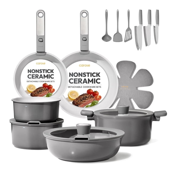 Carote 25 Pcs Nonstick Cookware Sets, Pots and Pans Set with Detachable Handles, Oven Safe, Induction Cookware, Stackable Kitchen Cooking Set, Gray
