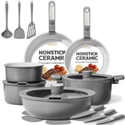 CAROTE 25 Pcs Ceramic Nonstick Cookware Sets, Pots and Pans Set with Detachable Handles, Oven Safe, Induction Cookware, Stackable Kitchen Cooking Set, Gray