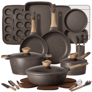 Carote 32-Piece Nonstick Pots and Pans, Granite Cookware Set with Bakeware & Knives, Brown