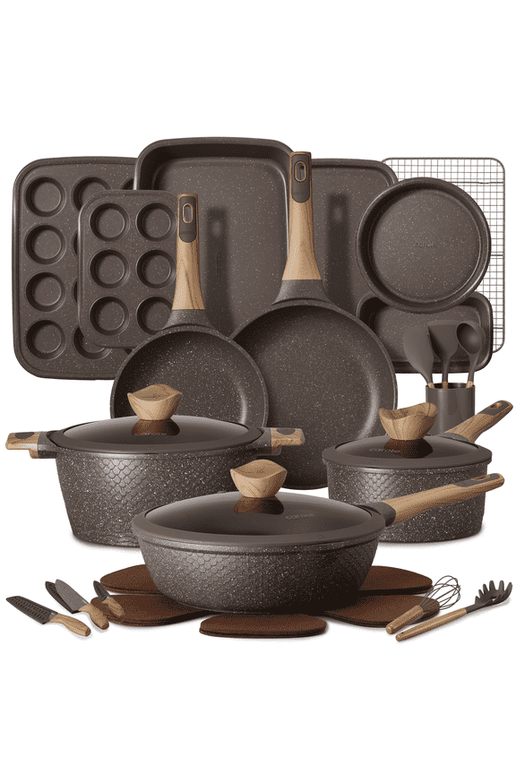32-Piece Nonstick Pots and Pans, Granite Cookware Set with Bakeware & Knives, Brown