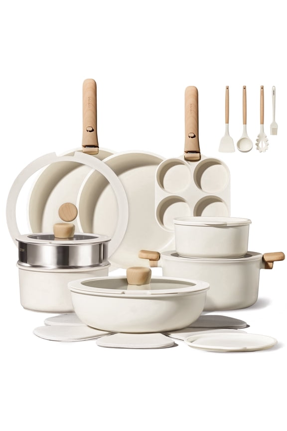 26 Pcs Nonstick Cookware Sets, Pots and Pans Set with Detachable Handles, Oven Safe, Induction Cookware, Stackable Kitchen Cooking Set, White