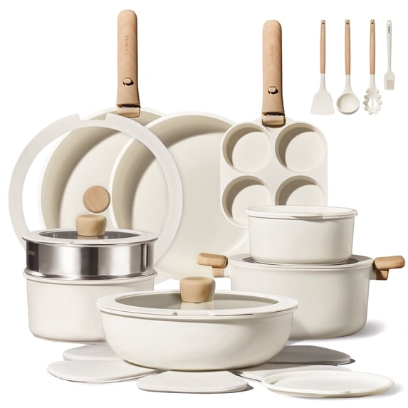 Carote 26 Pcs Nonstick Cookware Sets, Pots and Pans Set with Detachable Handles, Oven Safe, Induction Cookware, Stackable Kitchen Cooking Set, White