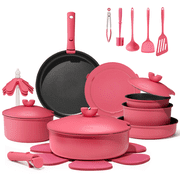 Carote 27 Piece Nonstick Pots and Pans, Cookware Set with Detachable Handles, Induction Compatible, Granite Coating for RV Camping & Daily Use, Rose Pink