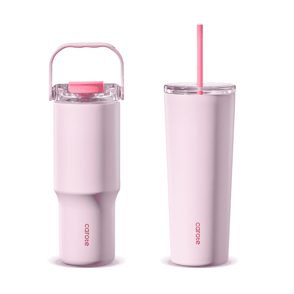 Carote 2-pack 30 fl oz & 32 fl oz Insulated Stainless Steel Highlight Series Water Bottles with Straw Lid, Pink