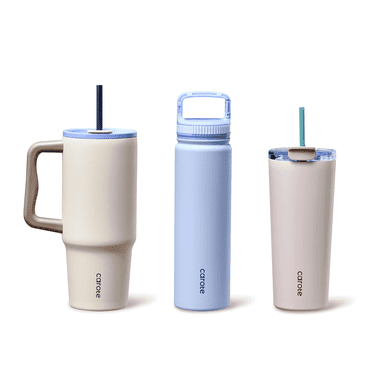 CAROTE 3-Pack Insulated Stainless Steel Water Bottles with Upgraded Leakproof Tech, Car Holder Fit & Scratch-Resistant, 34/24/24 oz Heart Paradise Straw Tumbler Set of Three (Blue)