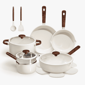 Carote 15-Piece Ceramic Cookware Set, Nonstick Pots and Pans with Steamer, Induction Compatible, White