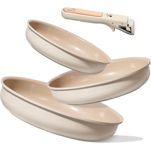 Carote 4 Pcs Ceramic Pans Set, Nonstick Skillets with Detachable Handle, Oven Safe, Induction Cookware, Stackable Kitchen Set, Beige