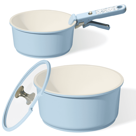 Carote 4 Pcs Ceramic Saucepans Set, Pots Set with Detachable Handle, Oven Safe, Induction Cookware, Stackable Kitchen Cooking Set, Blue