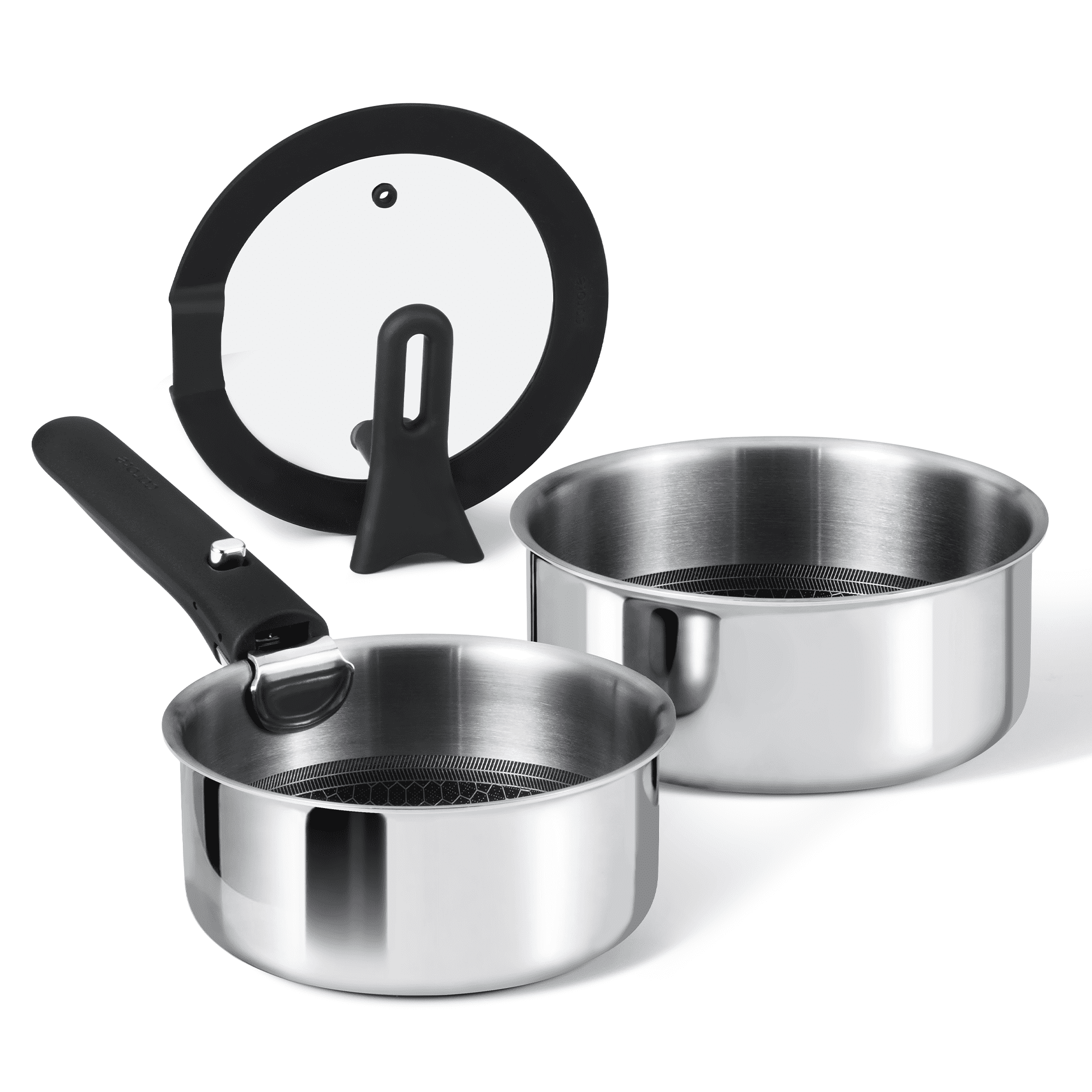 Carote 4-Piece Stainless Steel Saucepan Set with Detachable Handle, Ceramic Hybrid Non-Stick, Easy Stacking, Stand-up Lid, Oven/Dishwasher Safe, Black