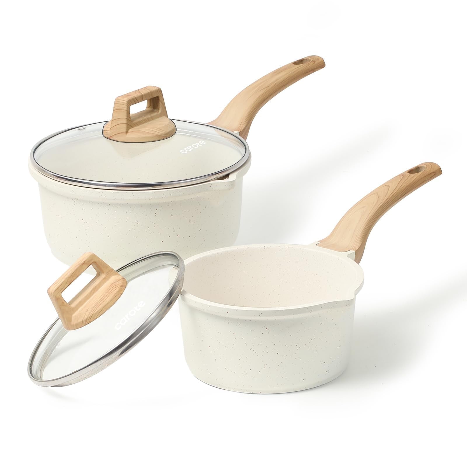 Carote 1.5Qt & 3.0Qt Non-Stick Sauce Pan Set with Lid, Non Stick Sauce Pots Cooking Pot with Pour Spout, Easy to Clean(White Granite)