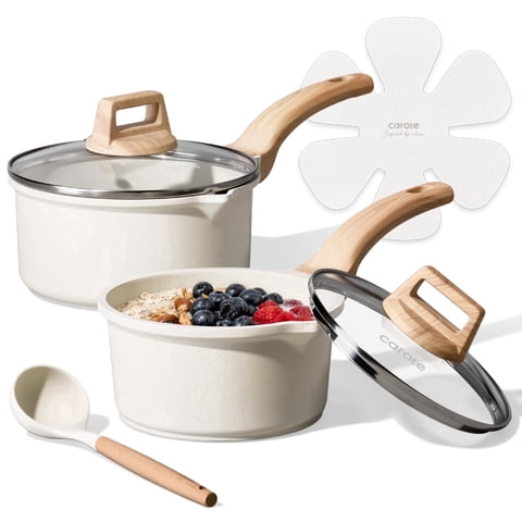 CAROTE 6-Piece Nonstick Saucepan Set with Lid, 1.5QT & 3QT Cooking Pots, Induction Compatible, White