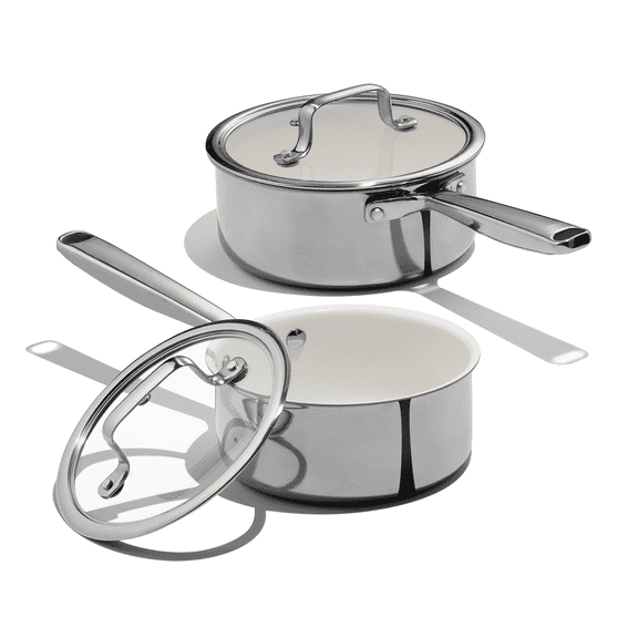 Carote 1.5QT & 3QT Tri-Ply Stainless Steel Ceramic Nonstick Saucepan Set, Induction Ready
