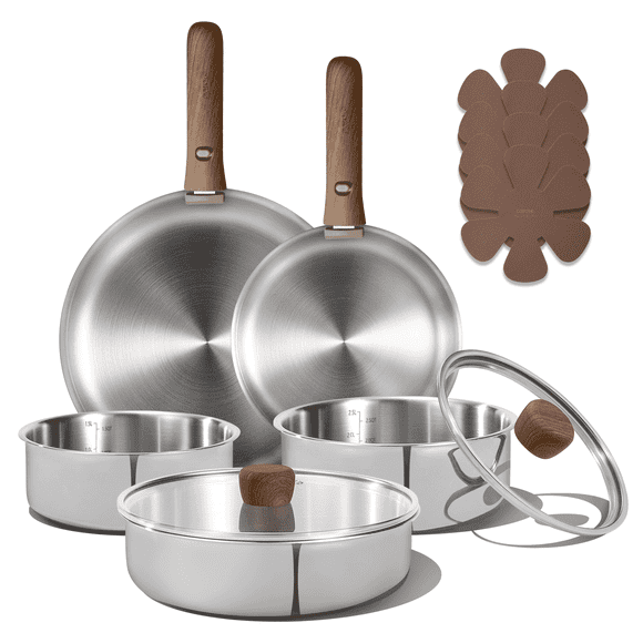 Carote 13-Piece Tri-Ply Stainless Steel Cookware Set with Detachable Handle, Induction Compatible