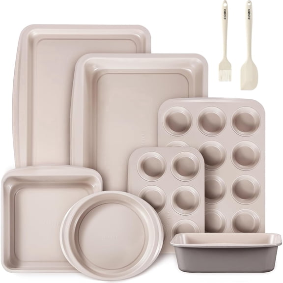 CAROTE 9-Piece Stackable Nonstick Bakeware Set, Includes Cookie Sheet, Muffin, Bread, Cake, Loaf & Roasting Pans, Gray & Khaki