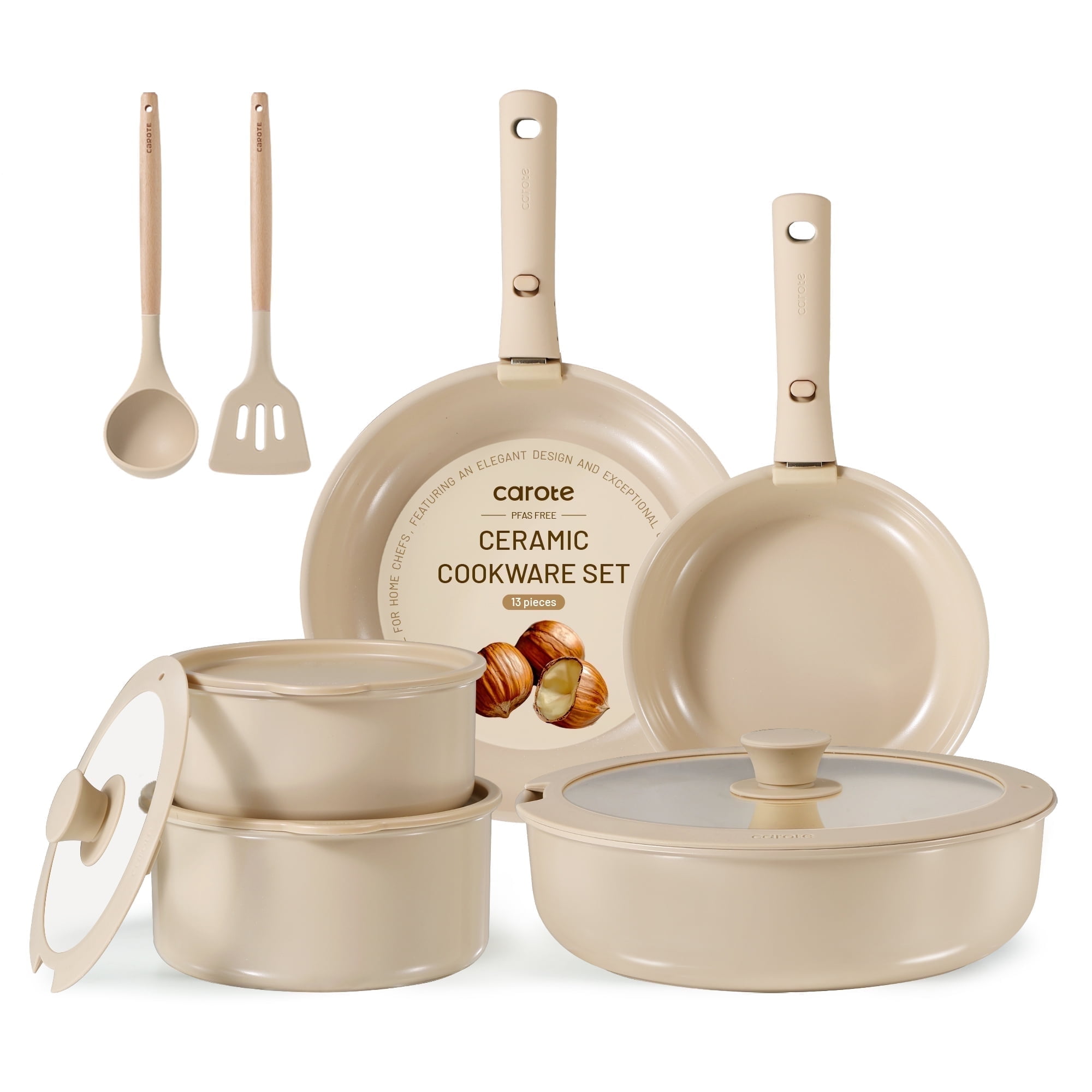 Carote Ceramic Cookware Set, Non Toxic Detachable Pots and Pans, 13 Pcs Induction Cookware, Taupe  (图1) Carote Ceramic Cookware Set, Non Toxic Detachable Pots and Pans, 13 Pcs Induction Cookware, Taupe  (图1)