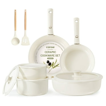 Carote Ceramic Cookware Set, Non Toxic Detachable Pots and Pans, 13 Pcs Induction Cookware, Cream