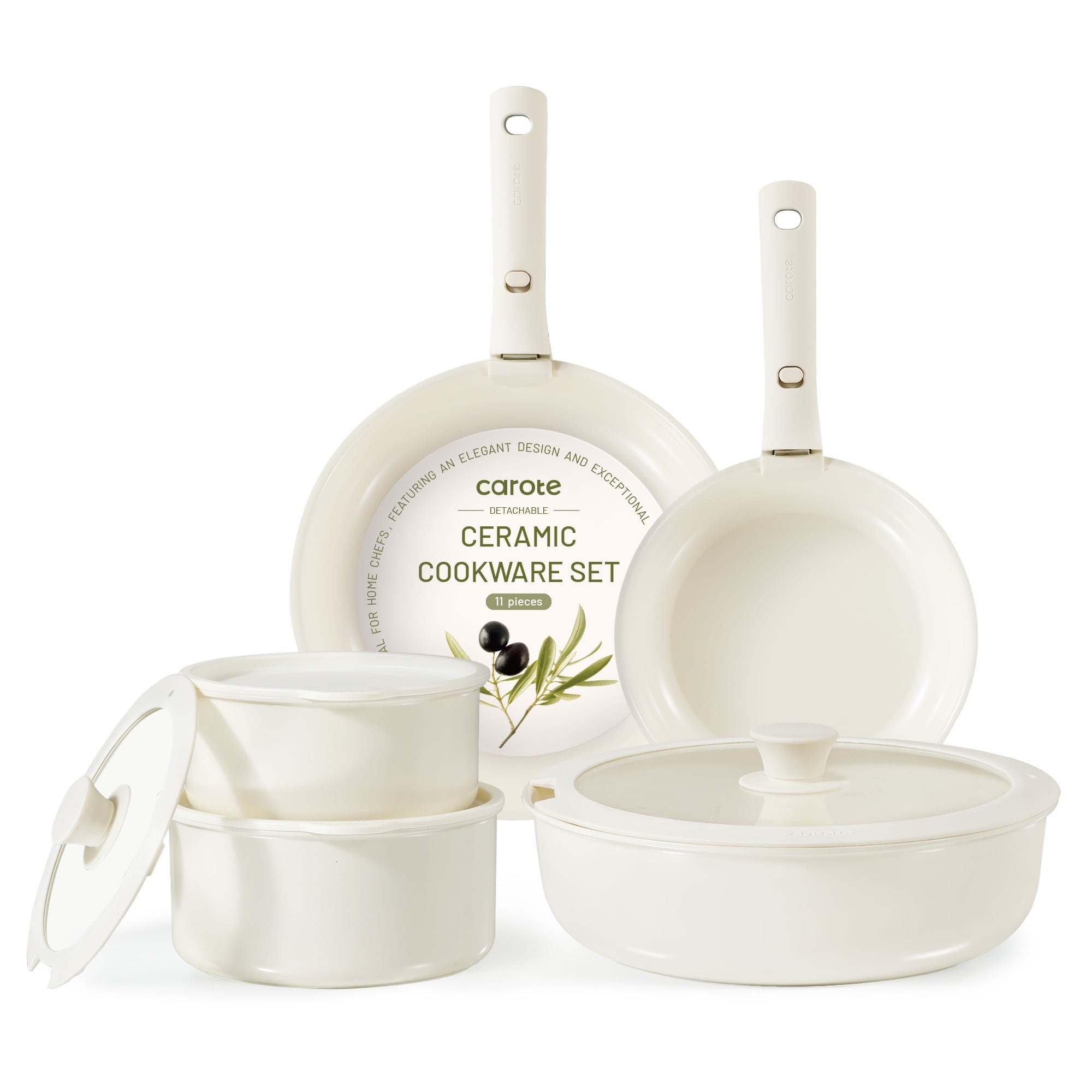 Walmart Saving of  Carote 11 Pcs Ceramic Cookware Set, Pots and Pans Set Non Stick with Detachable Handles, Oven Safe, Induction Cookware, Stackable Kitchen Set, Cream White