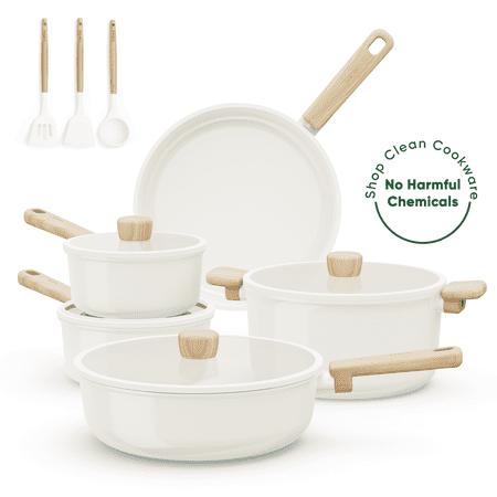 Carote Ceramic Cookware Sets, 12 Pcs Non Toxic Pots and Pans, Induction Cookware, Cream White
