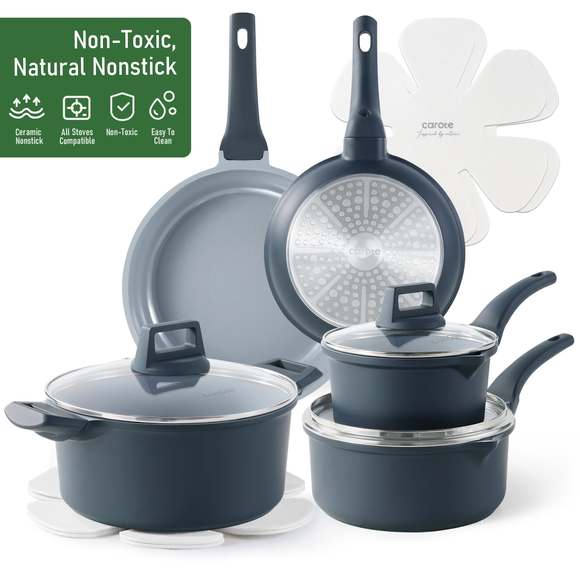 Carote Nonstick Ceramic Cookware Set 12-Piece,Kitchen Pots and Pans Set,Stay-Cool Handles,Induction Compatible,Cookware Set for RV and Camping,Blue