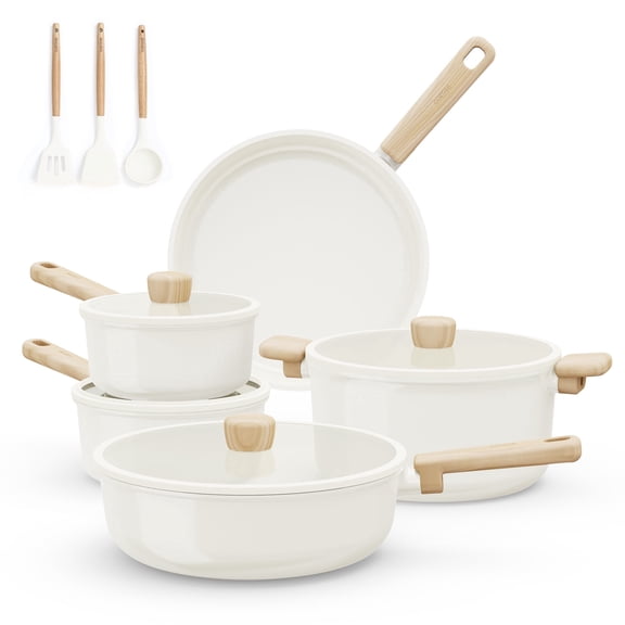 Carote Nonstick Ceramic Cookware Set 12-Piece,Kitchen Pots and Pans Set,Stay-Cool Handles,Induction Compatible,Cookware Set for RV and Camping,White