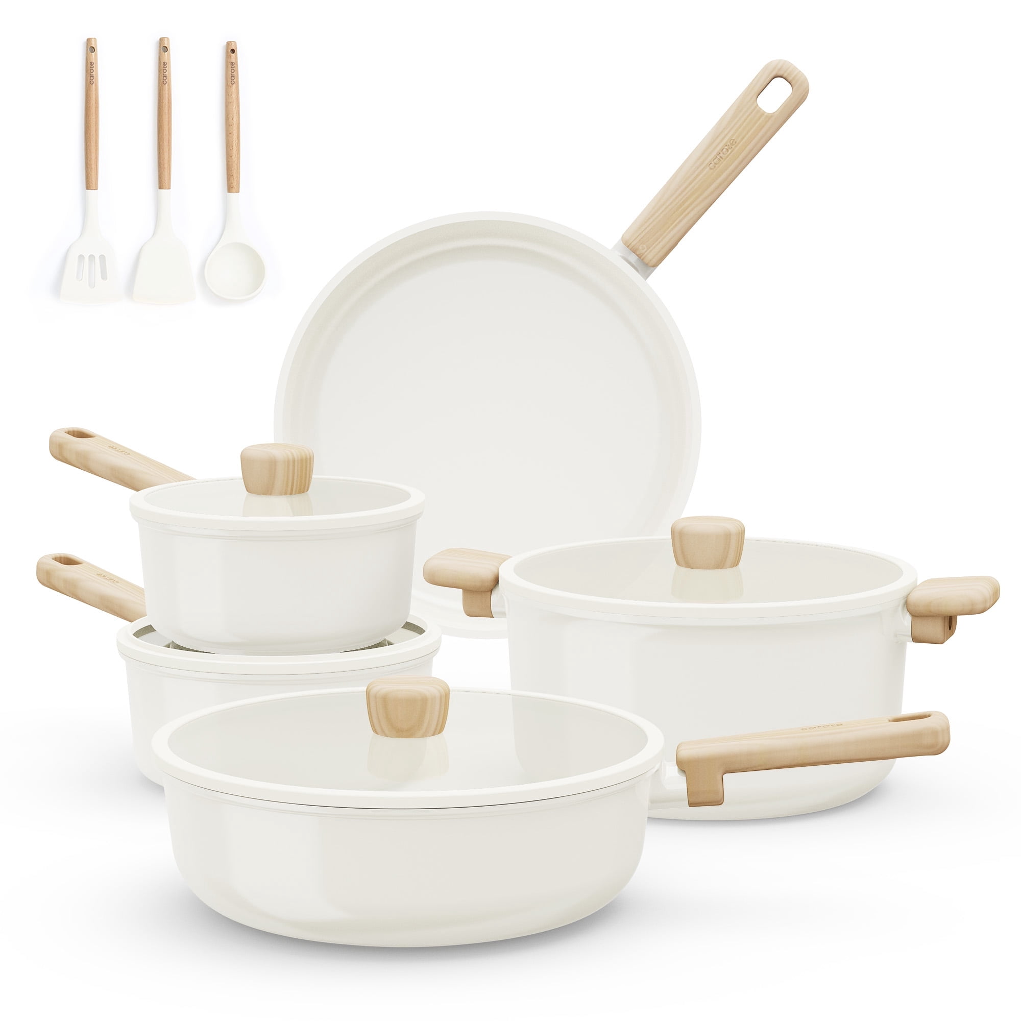 Carote Nonstick Ceramic Cookware Set 12-Piece,Kitchen Pots and Pans Set,Stay-Cool Handles,Induction Compatible,Cookware Set for RV and Camping,White