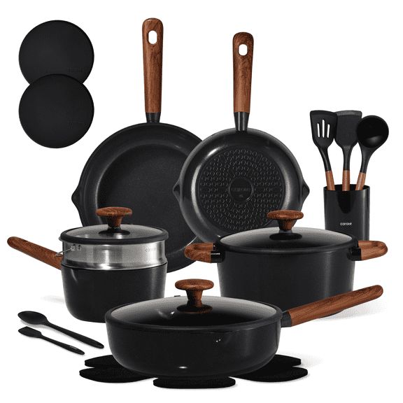 Carote 21-Piece Nonstick Pots and Pans Set, Ceramic Cookware Set with Steamer, Induction Compatible, Black
