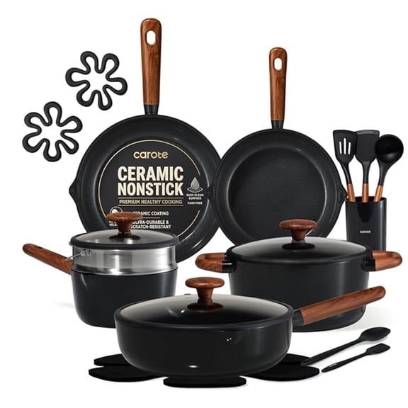 Carote Ceramic Cookware Sets, 15 Pcs Non Stick Pots and Pans Set with Removable Handle, Cream White
