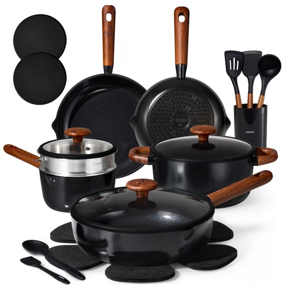 CAROTE 21-Piece Ceramic Cookware Set, Nonstick Pots and Pans with Steamer, Induction Compatible, Black