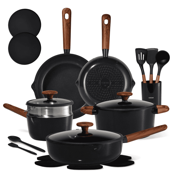 Carote 21-Piece Nonstick Pots and Pans Set, Ceramic Cookware Set with Steamer, Induction Compatible, Black