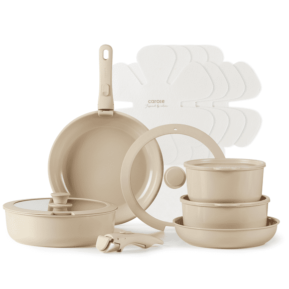 Carote Ceramic Cookware Sets, 15 Pcs Non Stick Pots and Pans Set with Removable Handle, Taupe
