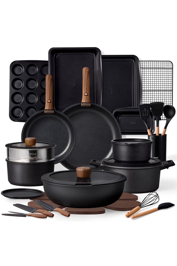 35-Piece Nonstick Cookware Set, Pots and Pans Set with Detachable Handle, Induction Compatible, Oven & Dishwasher Safe, Black