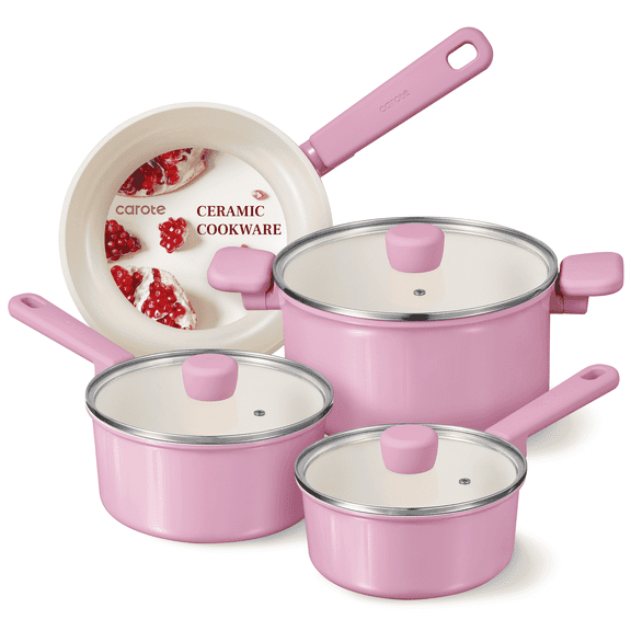Carote Pink Ceramic Cookware Sets, 7Pcs Natural Nonstick Pots and Pans, Non Toxic Induction Cookware