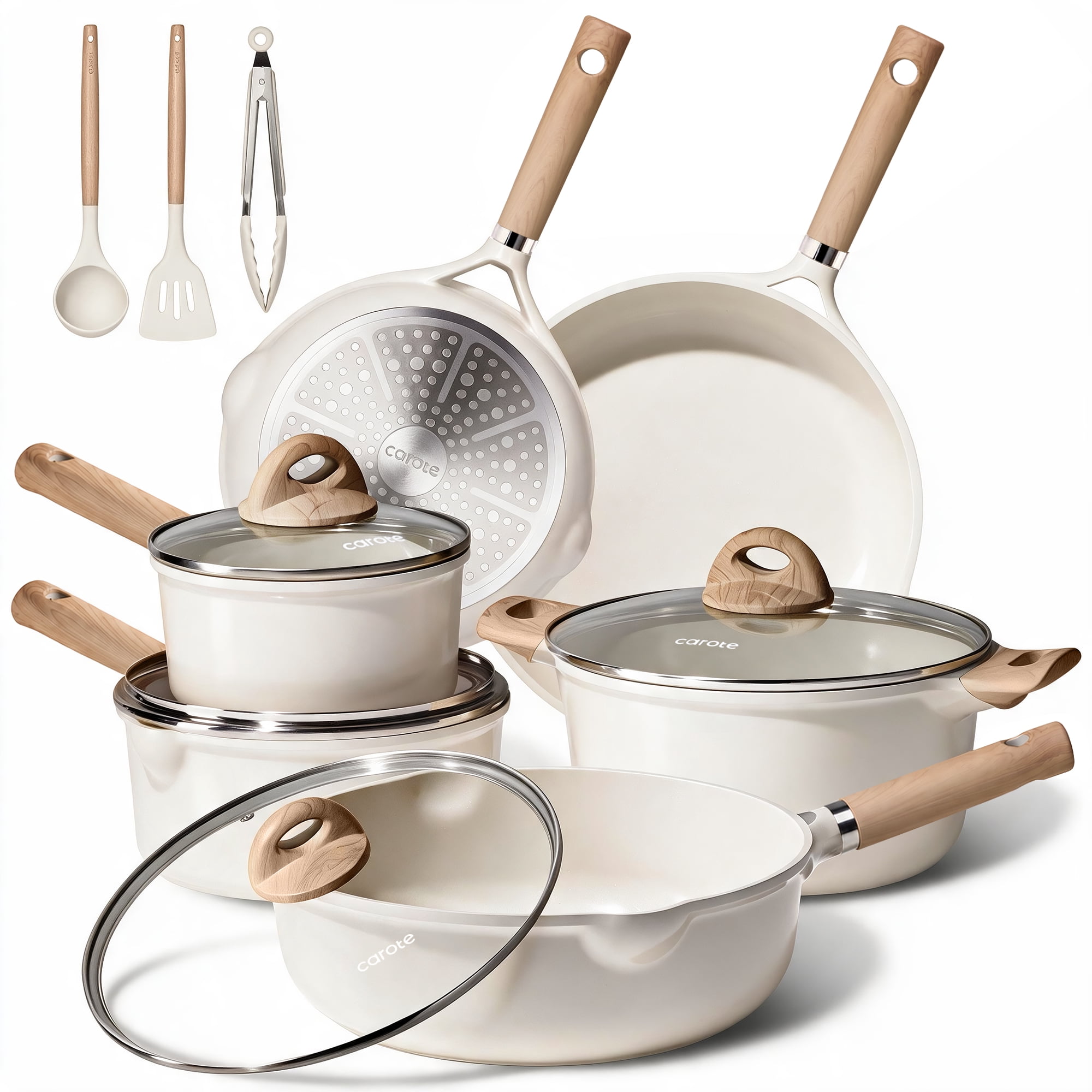 CAROTE 13 Piece Ceramic Cookware Set, Non-Stick Pots and Pans Set with Lids, Induction Compatible, White