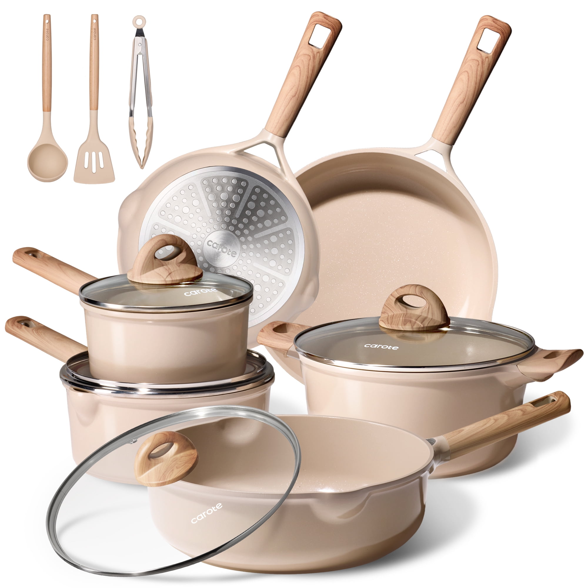 cocoeEar & cocoeLinkNTTsonorityセット　ベージュ Carote Ceramic Nonstick Pots and Pans Set, 13 Pieces Non-Toxic