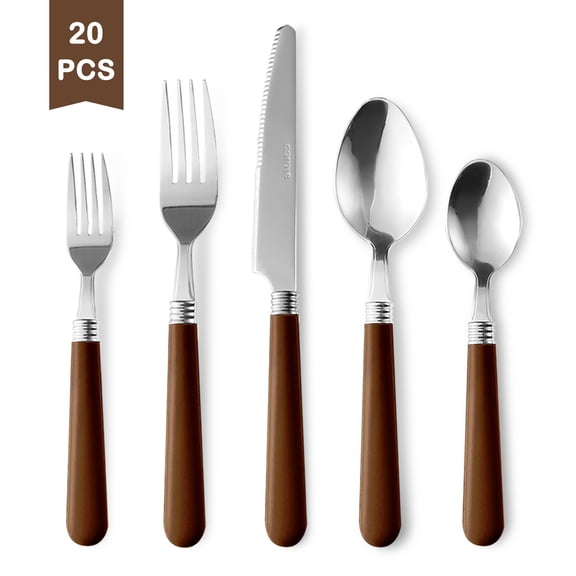 Carote 20-Piece Flatware Sets for 4 , Silverware Set with Brown Handle, Durable Cutlery Set for Home, Kitchen & Restaurant, Mirror Polished Spoon and Fork Set, Dishwasher Safe