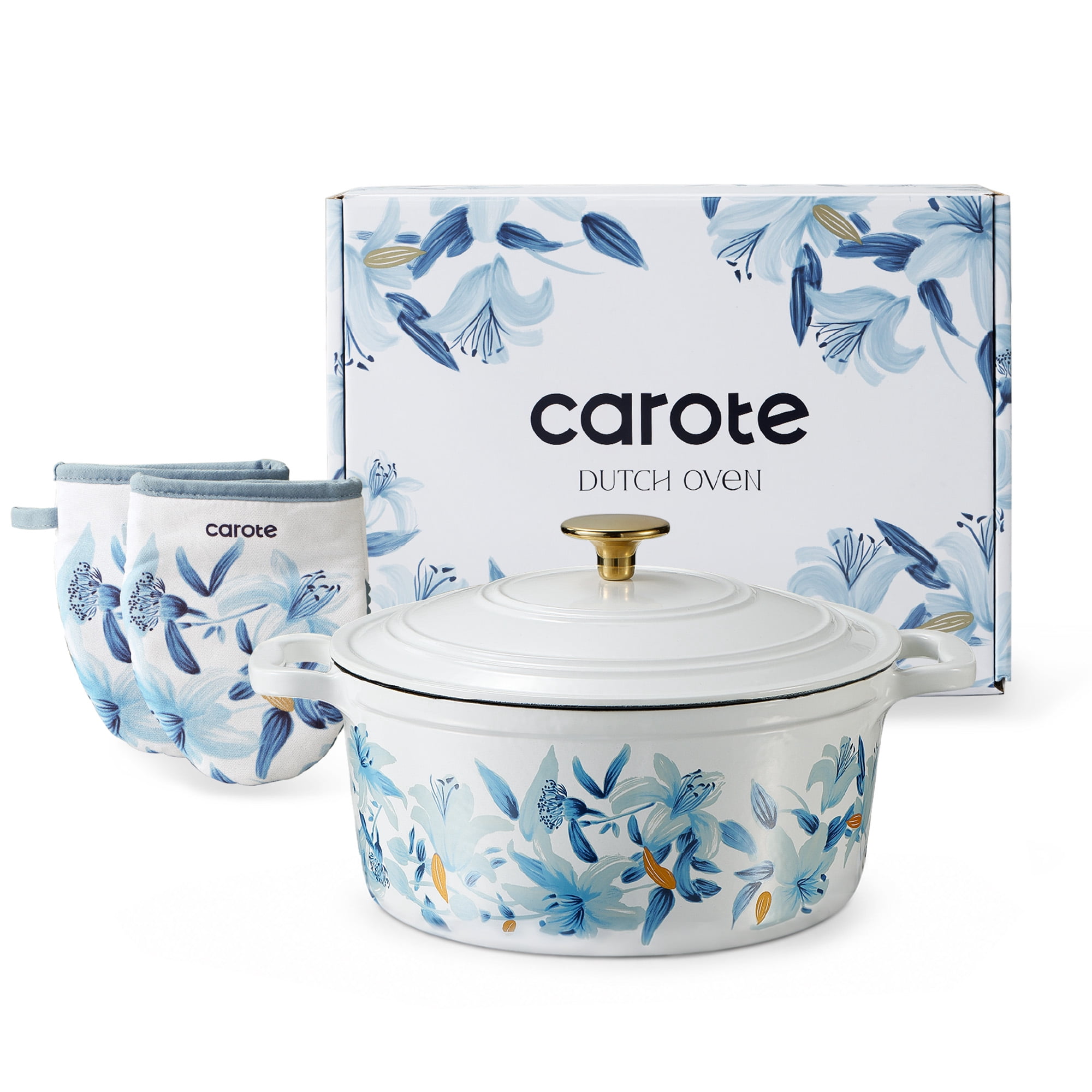 CAROTE 5QT Cast Iron Dutch Oven with Gloves and Pot Pad, Nonstick Cookware for Baking, Roasting, Braising & Cooking, Dual Handles,Blue