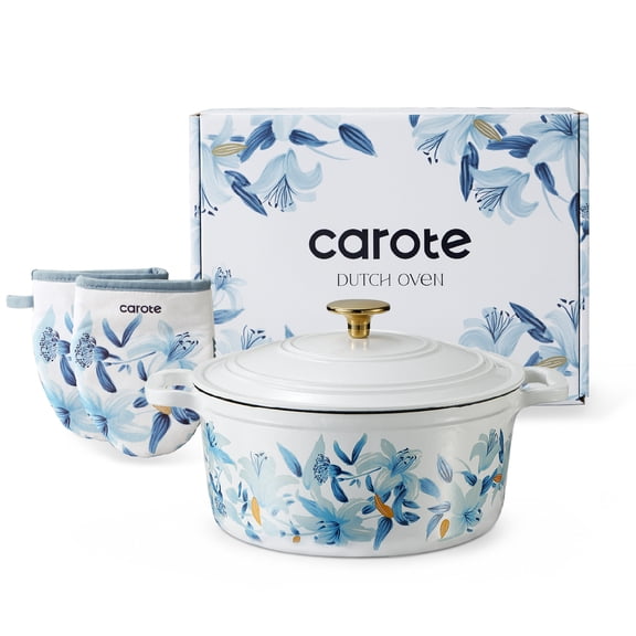 CAROTE 5QT Cast Iron Dutch Oven with Gloves and Pot Pad, Nonstick Cookware for Baking, Roasting, Braising & Cooking, Dual Handles,Blue