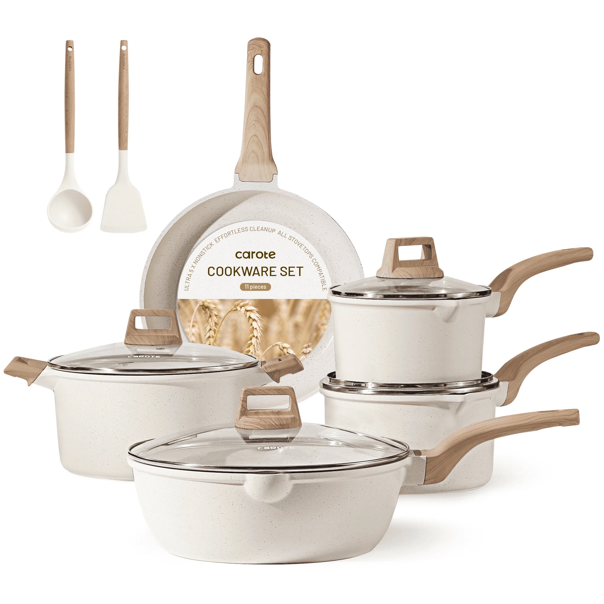 Carote Non Stick Pots and Pans Set, 11 Pcs Induction Kitchen Cookware Sets (White Granite)