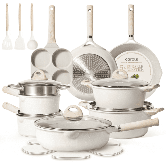 Carote Nonstick Cookware Set 21-Piece,Kitchen Pots and Pans Set,Stay-Cool HandlesInduction Compatible,Cookware Set for RV and Camping,Beige