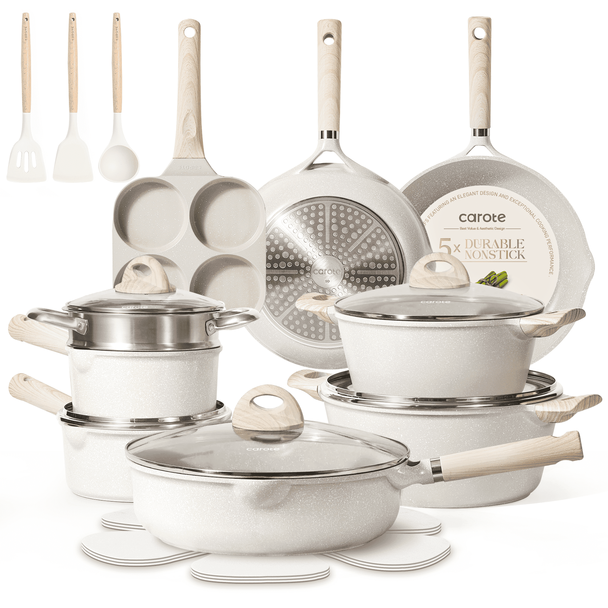 Walmart Coupons of Carote Non Stick Pots and Pans Set, 21 Pcs Induction Kitchen Cookware Sets (Beige Granite)
